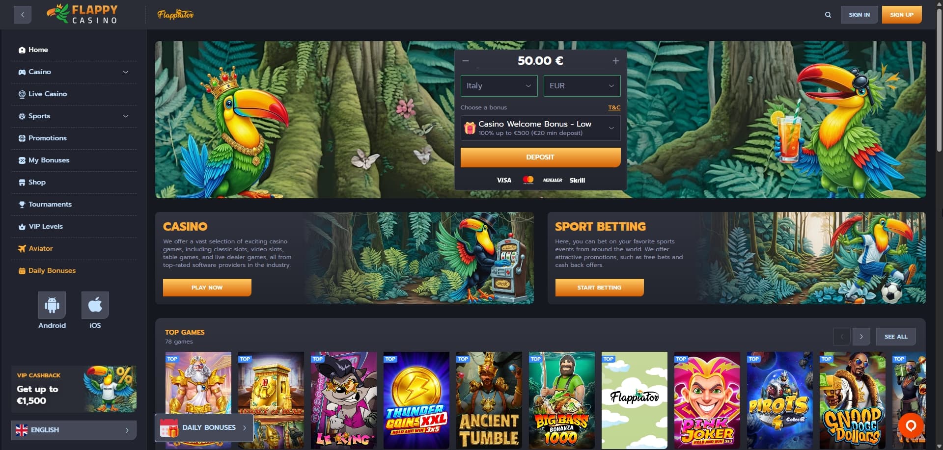 Flappy Casino homepage