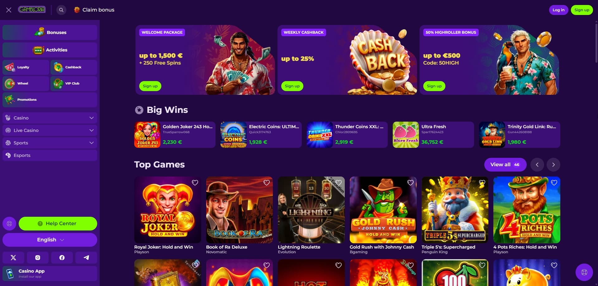 Gambloria homepage
